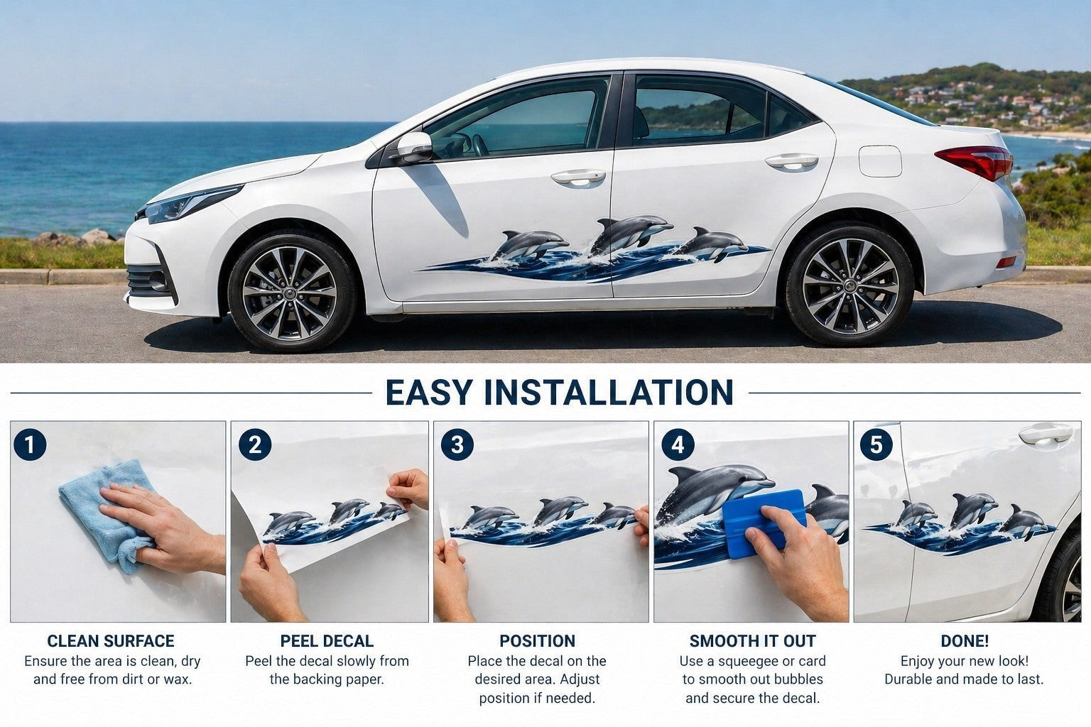Mega Sticker Store dolphin wave vinyl decal applied to a white car, showing installation steps on a flat surface.