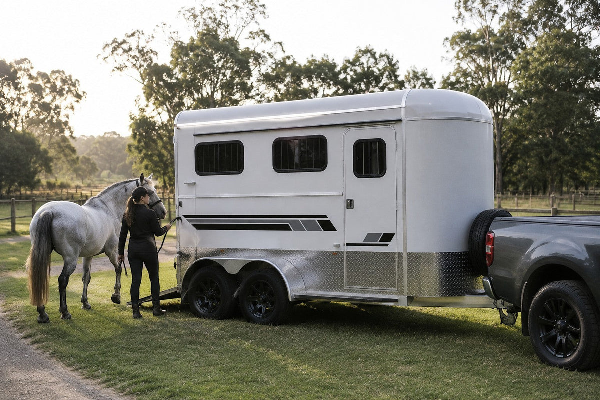 Mega Sticker Store horse float vinyl side stripe decals applied to a white trailer with a woman and horse nearby