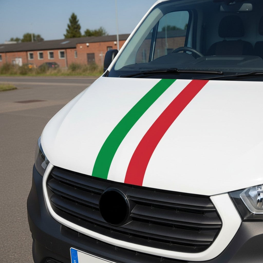 Mega Sticker Store Italian flag racing stripe decal applied to the white hood of a vehicle