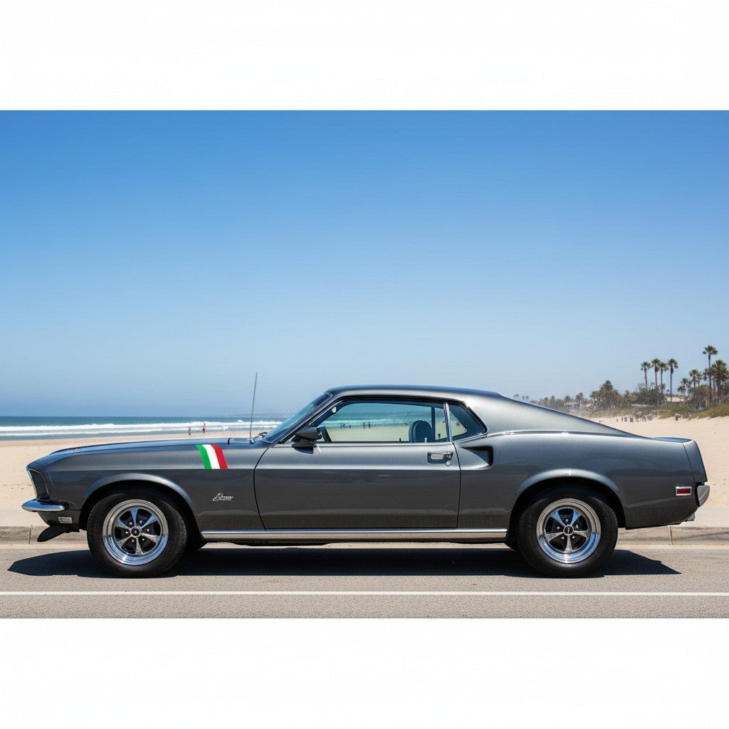 Mega Sticker Store Italian flag racing stripe decal applied to the side of a grey classic car parked by the beach