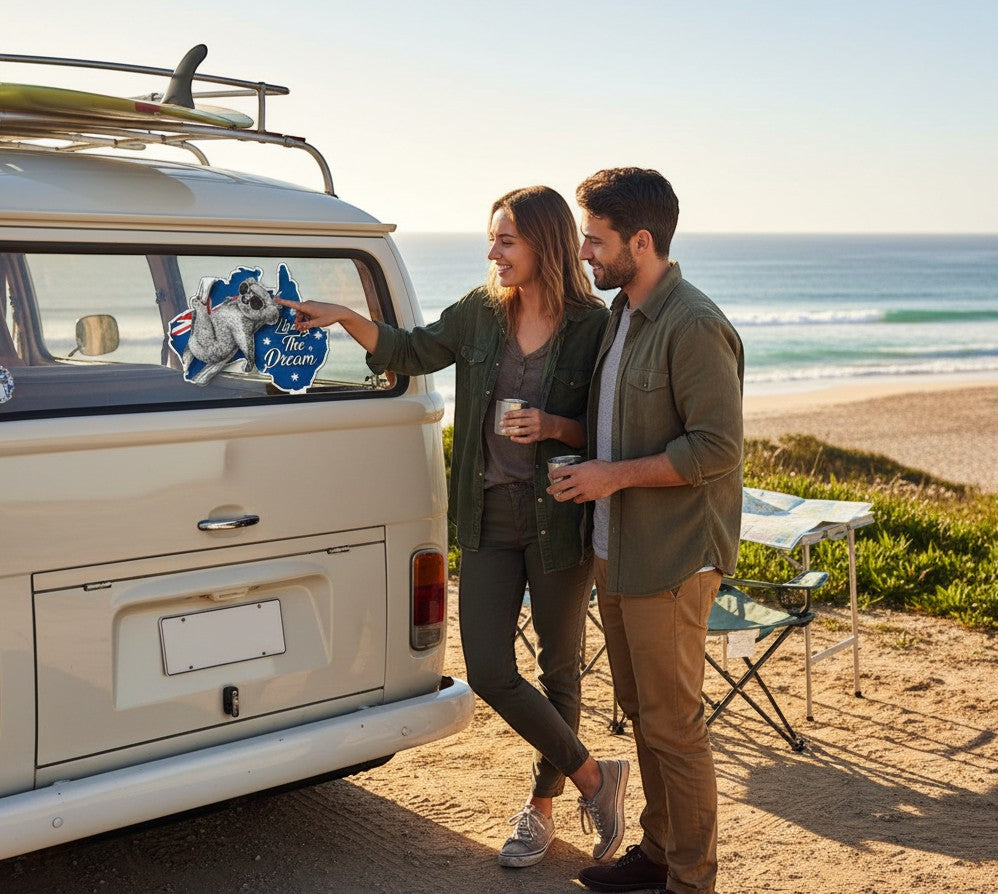 Mega Sticker Store koala Australia map Living The Dream vinyl decal applied to the rear window of a campervan