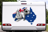 Mega Sticker Store koala Australia flag map vinyl decal with Southern Cross stars applied to a white caravan rear