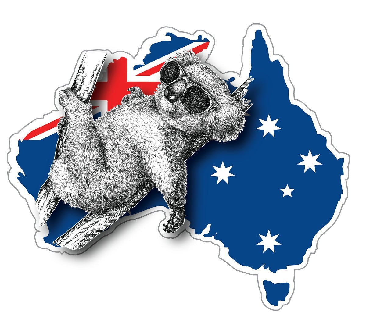Mega Sticker Store vinyl decal featuring a cool koala in sunglasses on an Australian flag map with Southern Cross.