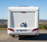 Mega Sticker Store vinyl decal of a koala on an Australian flag map applied to the back of a white motorhome.
