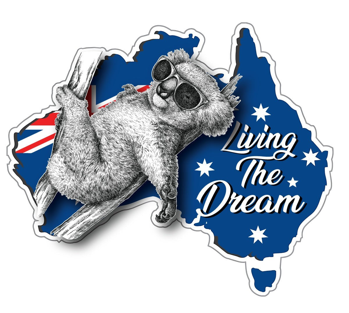 Mega Sticker Store vinyl decal featuring a koala in sunglasses on an Australian flag map with Living The Dream text.
