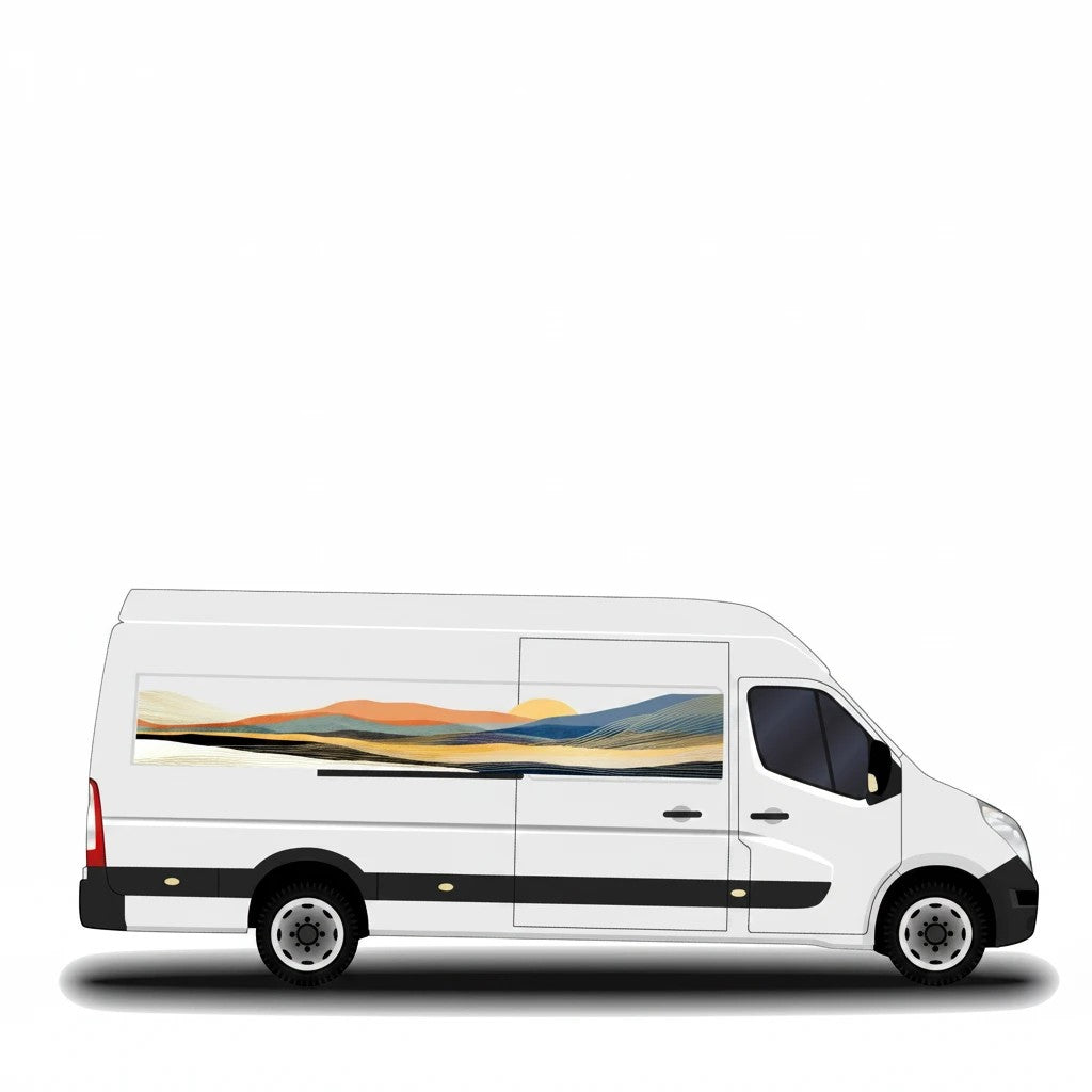 Mega Sticker Store abstract landscape vinyl stripe decal on a white camper van with retro earth-tone mountain design.