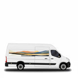 Mega Sticker Store abstract landscape stripe vinyl decal on a white camper van with earth-tone sunset graphics.