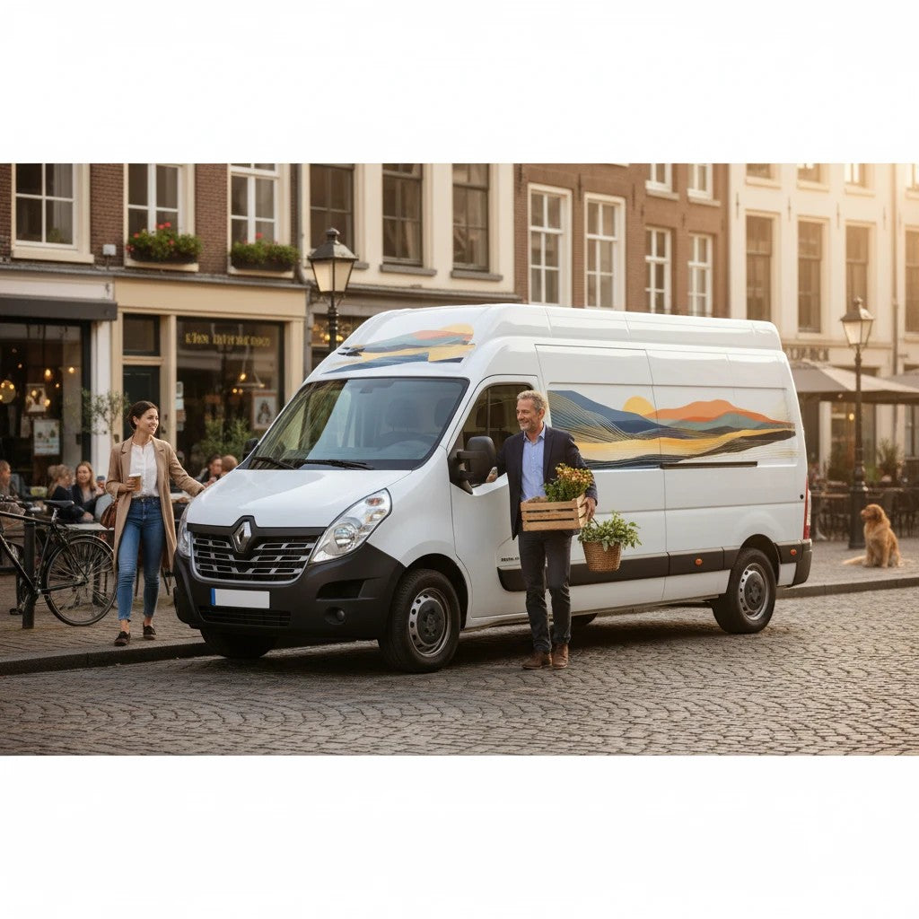 Mega Sticker Store abstract landscape vinyl decal on a white camper van parked on a cobblestone city street