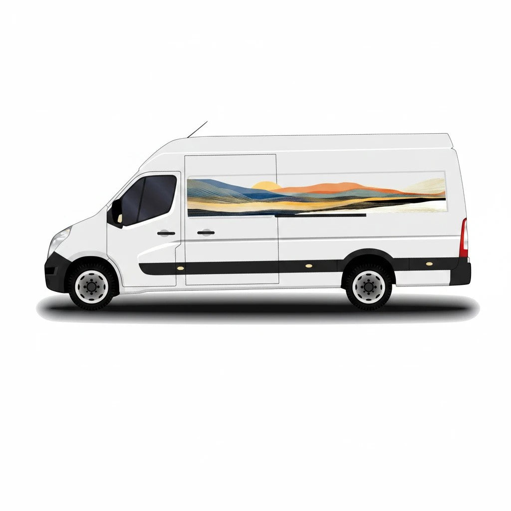 Mega Sticker Store abstract landscape stripe vinyl decal on a white camper van with earth-tone sunset graphics