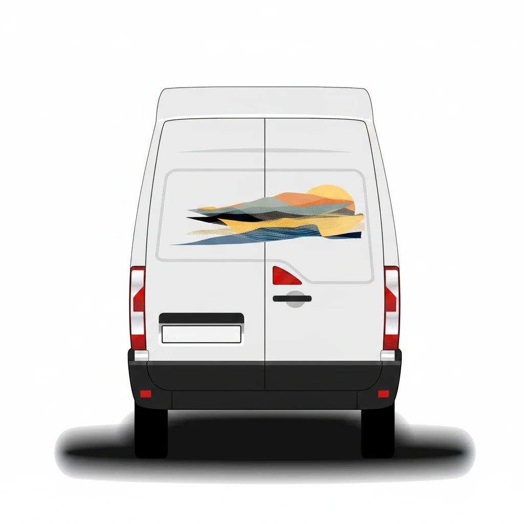 Mega Sticker Store abstract landscape vinyl decal applied to the rear doors of a white camper van in earth tones.