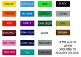 Mega Sticker Store universal racing stripe decal kit colour chart showing various vinyl sticker colour options