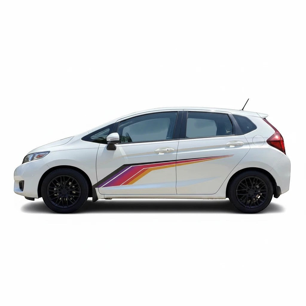 Mega Sticker Store universal racing stripe decal in colourful pinstripe design applied to a white hatchback car