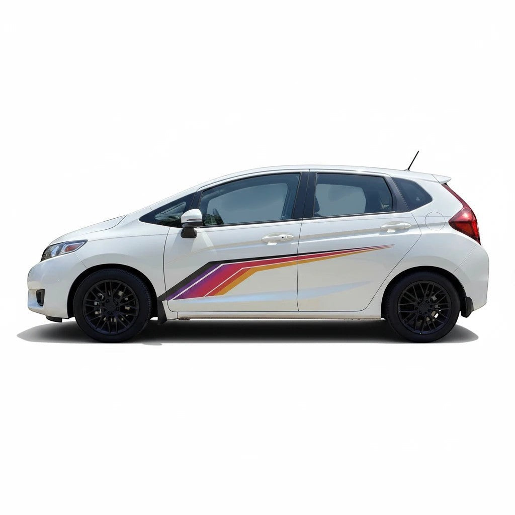 Mega Sticker Store universal racing stripe decal in colourful pinstripe design applied to the side of a white car.
