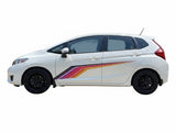Mega Sticker Store universal racing stripe decal with colourful pinstripe design applied to a white hatchback car