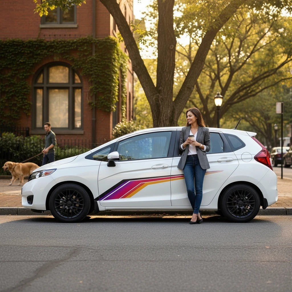 Mega Sticker Store universal racing stripe decal in colourful pinstripe design applied to a white hatchback car