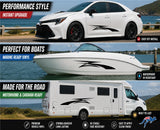 Mega Sticker Store black racing stripe vinyl decals applied to a white car, boat, and motorhome for custom styling.
