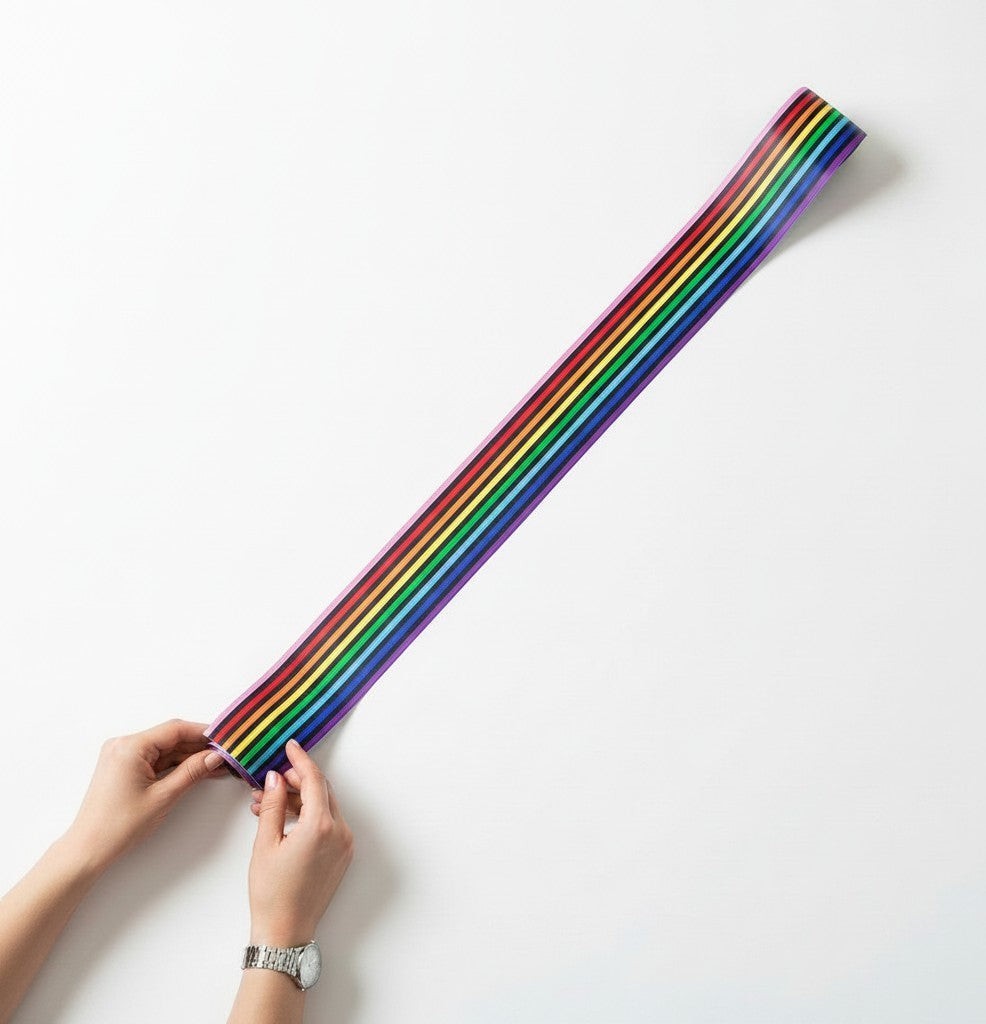 Mega Sticker Store rainbow pride pinstripe vinyl decal for vehicles with a glossy finish held by hands