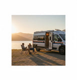 Mega Sticker Store rainbow pinstripe decal applied to a silver camper van parked by a lake at sunset with a couple