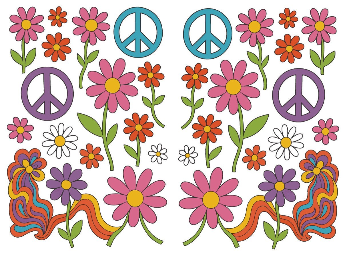 Mega Sticker Store retro hippie vinyl decal sheet with colorful flowers, peace signs, and psychedelic swirls.