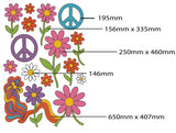 Mega Sticker Store retro hippie vinyl decal sheet with colorful daisies, peace signs, and psychedelic swirl graphics.