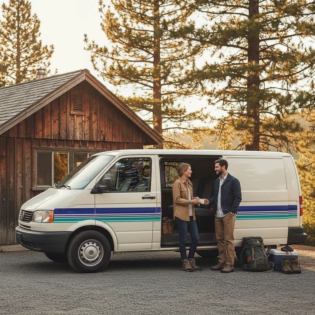 Mega Sticker Store retro teal and blue pinstripe vinyl decal applied to the side of a white camper van in a forest