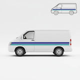 Mega Sticker Store retro teal and blue pinstripe vinyl decal applied to the side of a white van
