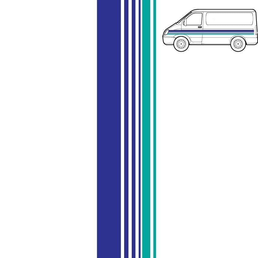 Mega Sticker Store retro van side stripe decal in teal, blue, and white vinyl with a gloss finish