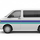 Mega Sticker Store retro teal and blue pinstripe vinyl decal applied to the side of a white van