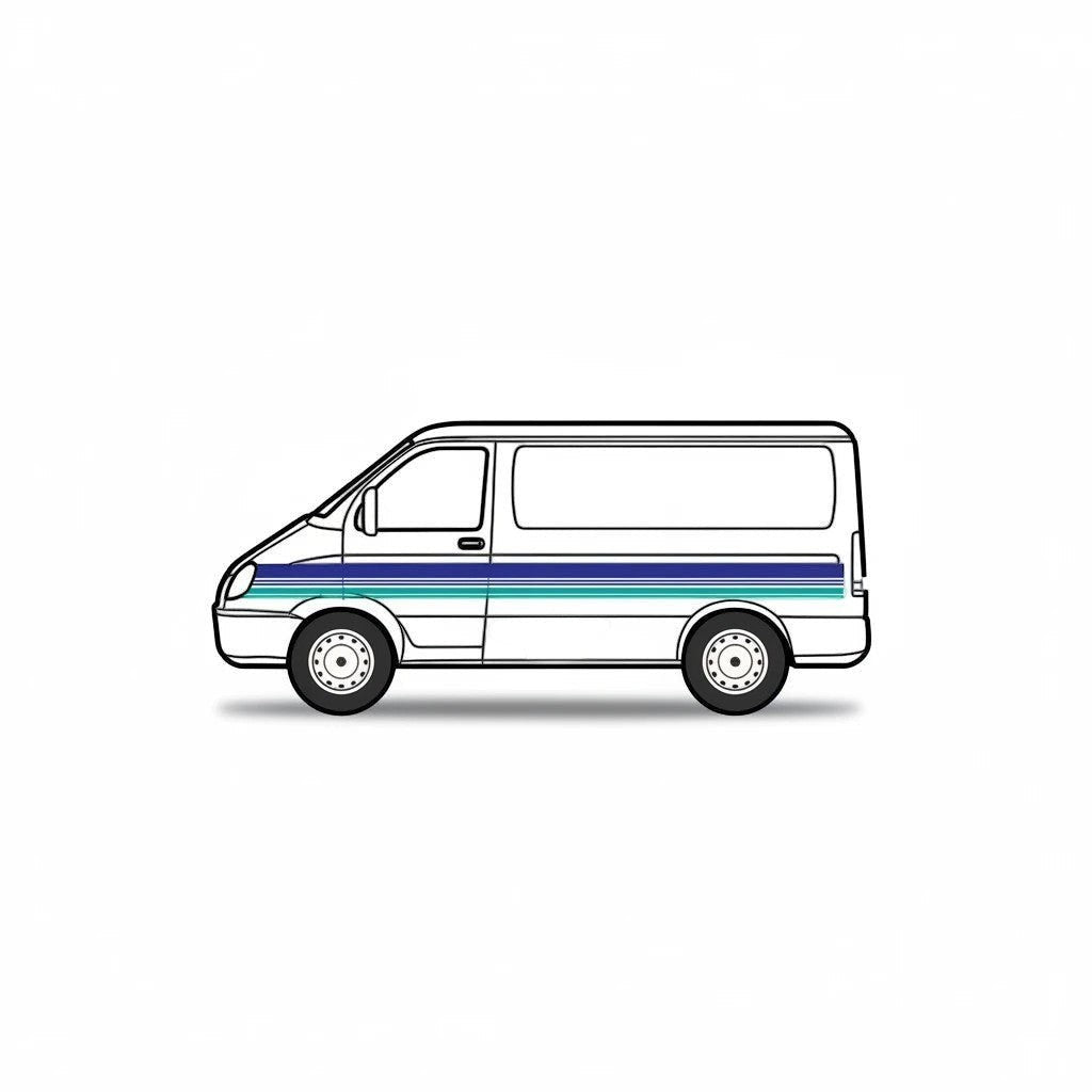 Mega Sticker Store retro teal and blue pinstripe vinyl decal applied to the side of a white van
