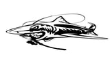 Mega Sticker Store large black vinyl shark decal with an aggressive design for fishing boat hulls.