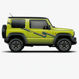 Mega Sticker Store retro stripe vinyl decals on a lime green Suzuki Jimny 4x4 vehicle side profile
