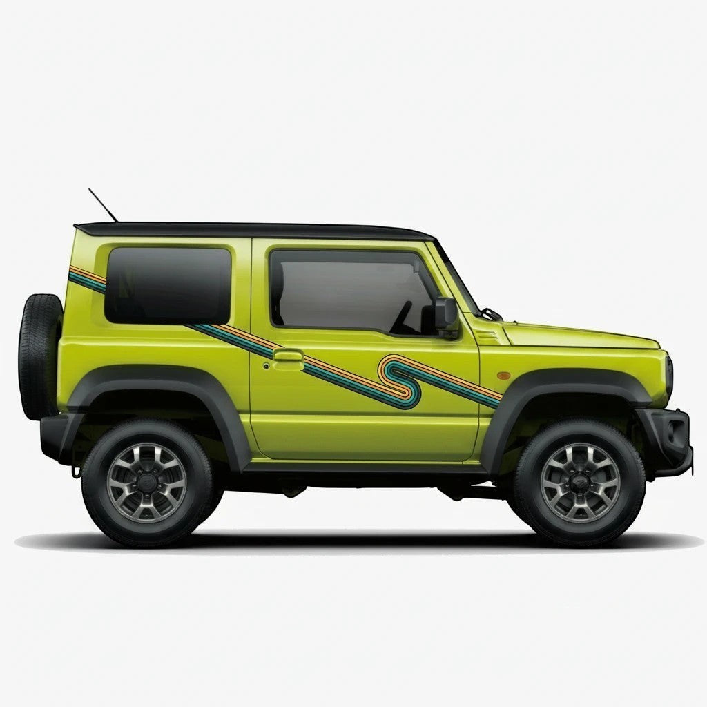 Mega Sticker Store retro stripe vinyl decal on a lime green Suzuki Jimny side profile for a vintage 4x4 aesthetic