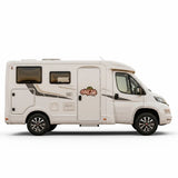 Mega Sticker Store Van Life Adventure vinyl decal applied to the side of a white campervan for a retro travel look.