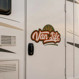Mega Sticker Store Van Life Adventure vinyl decal with retro typography and sun graphic on a white campervan door.