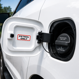 Petrol Only fuel identification sticker applied inside a vehicle fuel filler door