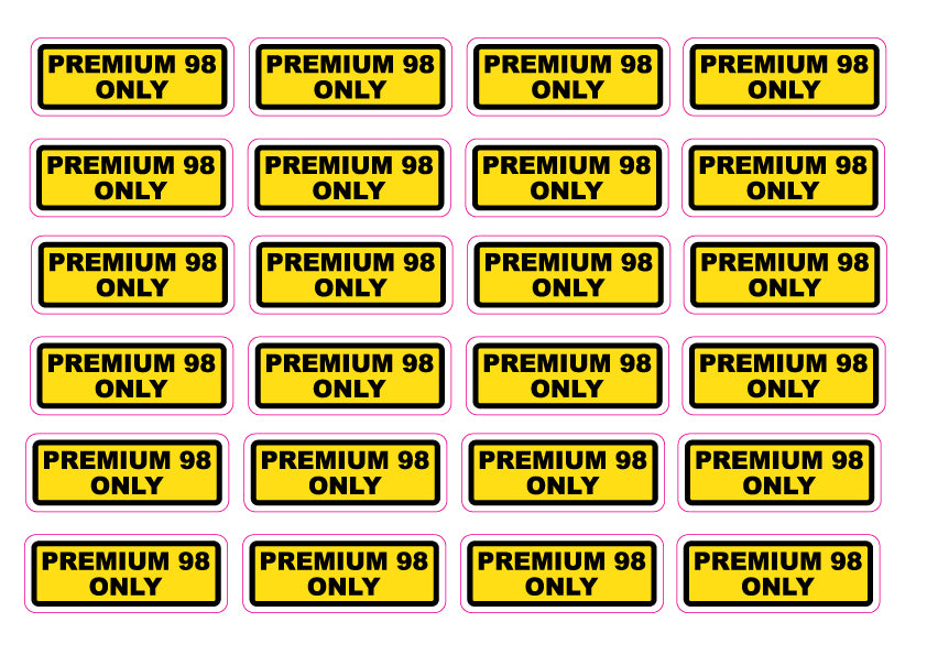 Premium 98 Only Fuel Stickers Sheet of 24, 65mm x 25mm Black Text on Yellow Vinyl, UV Weather Resistant Fade Proof Labels for Cars Fleets Fuel Stations
