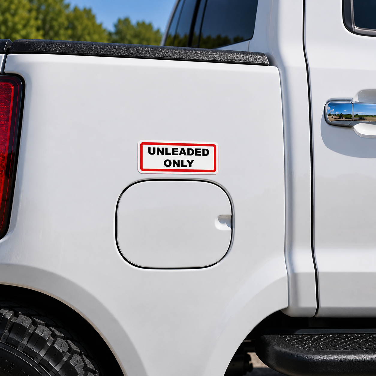Unleaded Fuel Only identification sticker applied above a truck fuel filler cap