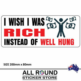 I WISH I WAS RICH INSTEAD OF WELL HUNG, FUNNY BUMPER STICKER CAR DECAL MANCAVE