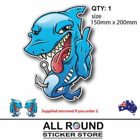 Large Shark with rude finger sticker decal for boat, car , 4x4 , motorhome , sig