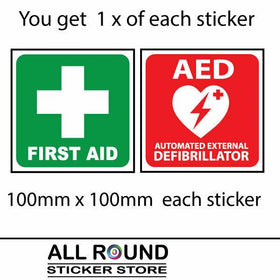 First aid sticker AED Automated external defibrillator sticker warning signs set