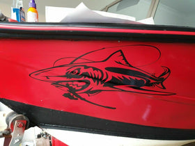 Large  Shark with fishing rod  Sticker Decal  , for boat, Ute ,motorhome 560mm