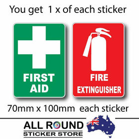FIRE EXTINGUISHER & FIRST AID  Sticker Sign Decal Set  OHS WHS 100x70mm