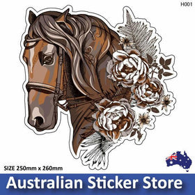 Brown Horse with peony flowers and fern leaves sticker decal, Horse Float Traile
