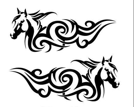A pair of black tribal-style horse designs intended as stickers for vehicle sides, displayed with a legend of available colors.