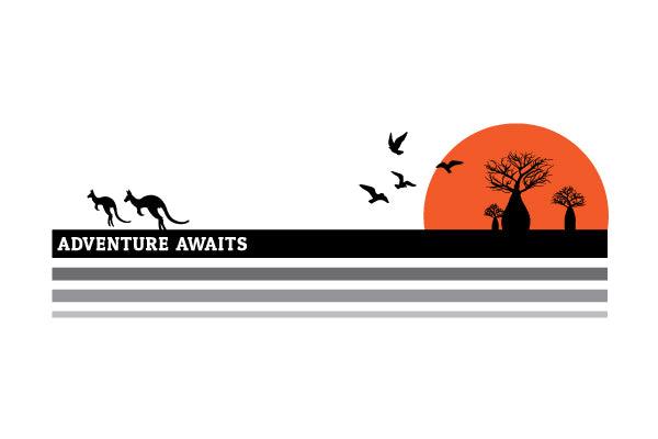 Adventure Awaits Motorhome, van sticker decal, Australian theme with kangaroo baobab birds - Mega Sticker Store