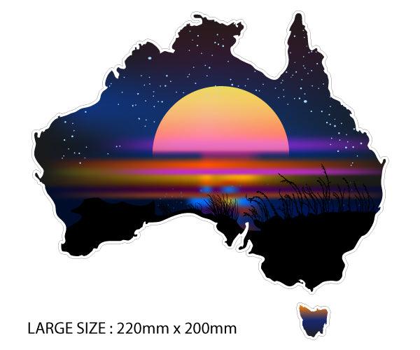 Australian-Map-sticker-decal-RV-Motorhome,-4X4,-Caravan,-large-dark blue and sunset rainbow colours