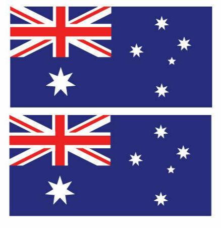 Australian flag decal stickers with a blue background, white stars, and red and white stripes.