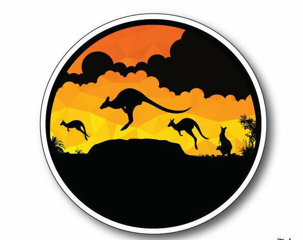 Circular sticker with kangaroo silhouette against an orange sunset sky