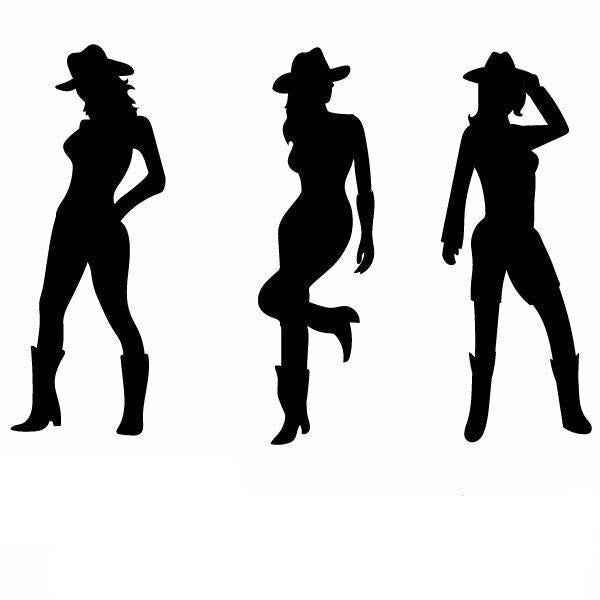 Set of three black vinyl sticker decals featuring silhouettes of cowgirls in different poses