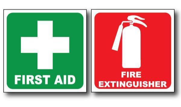 First Aid & Fire Extinguisher Safety Stickers, 100mm Waterproof Vinyl OH&S Decals for Vehicle or Workplace